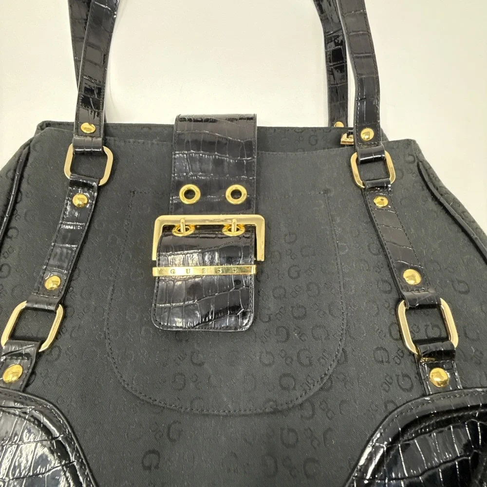 Guess Black Monogrammed Shoulder Bag Buckle‎ Detail Faux Croc Trim Satchel Y2K
